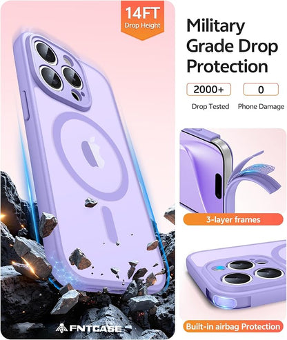 FNTCASE for iPhone 15 Pro Max Case: [Compatible with Magsafe] Translucent Matte Cases with [Full Camera Protection] [Screen Protector] Military Grade Shockproof Protective Phone Cover - Light Purple