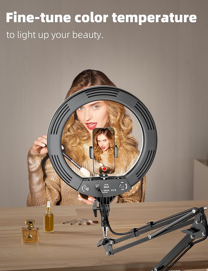 Ring Light Overhead Phone Mount,14'' LED Ring Light with Stand and Phone Holder,CRI Max 96 Professional for Video Recording,Live Streaming,Cooking and Content Creation(66.9High)