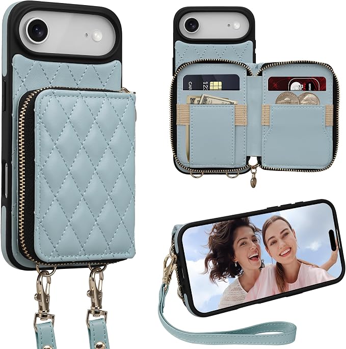Keallce Case for iPhone Air 6.5'' Wallet Case, Crossbody Zipper Purse with Wrist Strap Lanyard Handbag, RFID Blocking Card Holders, Kickstand Flip Leather Cover for iPhone 17 Air, Blue