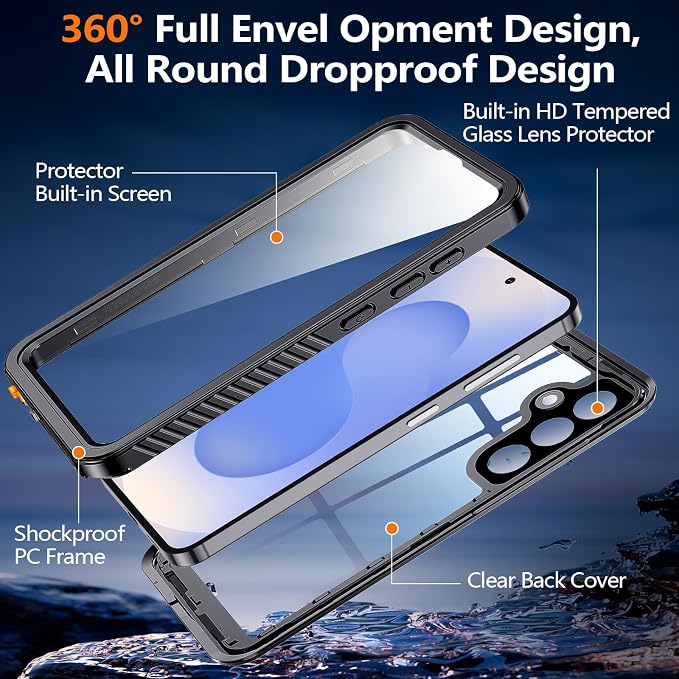 MOZOTER for Samsung Galaxy S25 Plus Case Waterproof,[IPX8 Underwater Case][Full Body Shockproof & Military Dropproof] Built-in Screen Protector Clear Sound Quality for Samsung S25 Plus 6.6 inch-Black