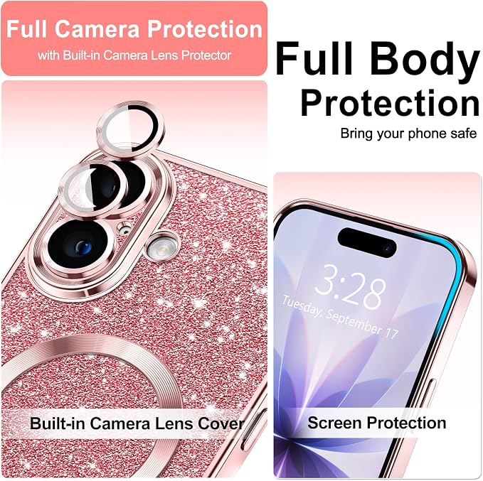Hython for iPhone 17 Case Glitter Clear Magnetic Phone Cases [Compatible with MagSafe] Full Camera Lens Protector Sparkle Luxury Plating Slim Shockproof Protective Cover Women, Pink