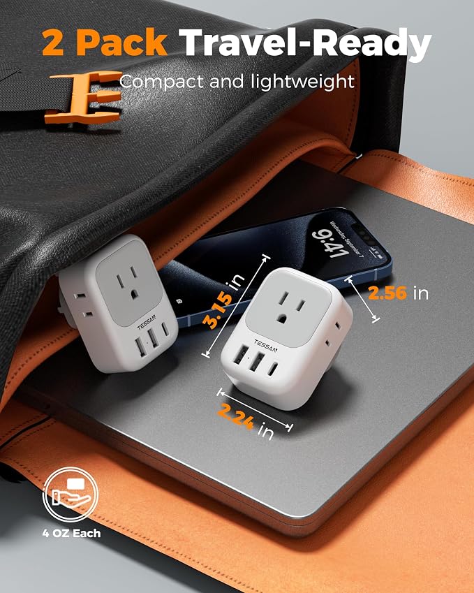 TESSAN UK Adapters for Travel, Type G Adaptor, 2 Pack | 4 Outlets 3 USB (1 USB C PD 20W), USA to Ireland Scotland Dubai Hong Kong England British Kenya London