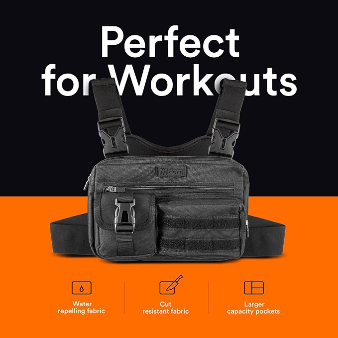 Fitdom Tactical Inspired Lightweight Running Chest Pack For Men With Built-In Phone Holder. A Sports Utility Rig Vest Made For Workouts And Outdoor