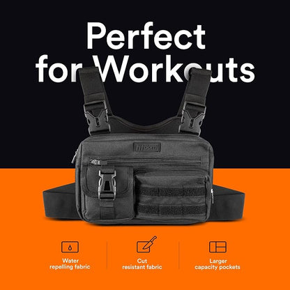 Fitdom Tactical Inspired Lightweight Running Chest Pack For Men With Built-In Phone Holder. A Sports Utility Rig Vest Made For Workouts And Outdoor