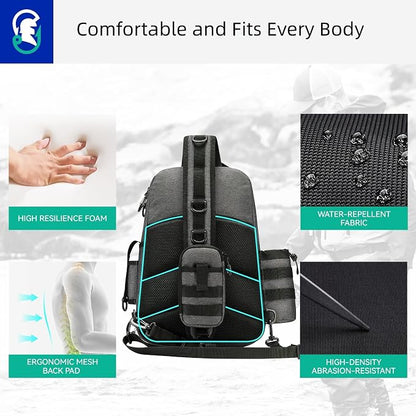 22L Fly Fishing Sling Bag - Fits 3x 3700 Tackle Boxes, 12 D-Rings, Rod Holster, Water Bottle Holder, Phone Pocket (Grey)