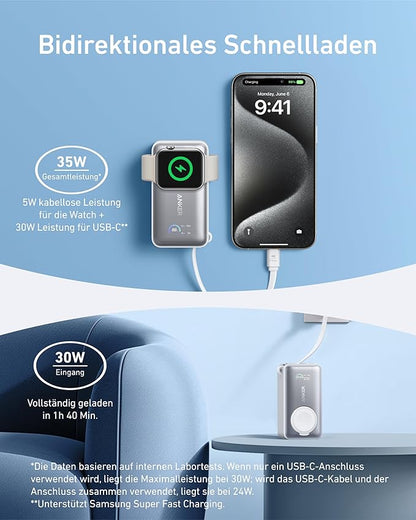 Anker MagGo Power Bank for Apple Watch, Officially Certified 10,000mAh Compact Battery Pack with Built-in USB-C Cable, 35W Max, for iPhone 15 Series, Samsung, iPad, AirPods, and More(White)