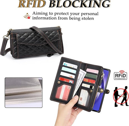 for Samsung Galaxy S25 Ultra Wallet Case for Women, Support Wireless Charging with RFID Blocking Card Holder, PU Leather Wallet Detachable Magnetic Phone Case Crossbody Strap, (Black)