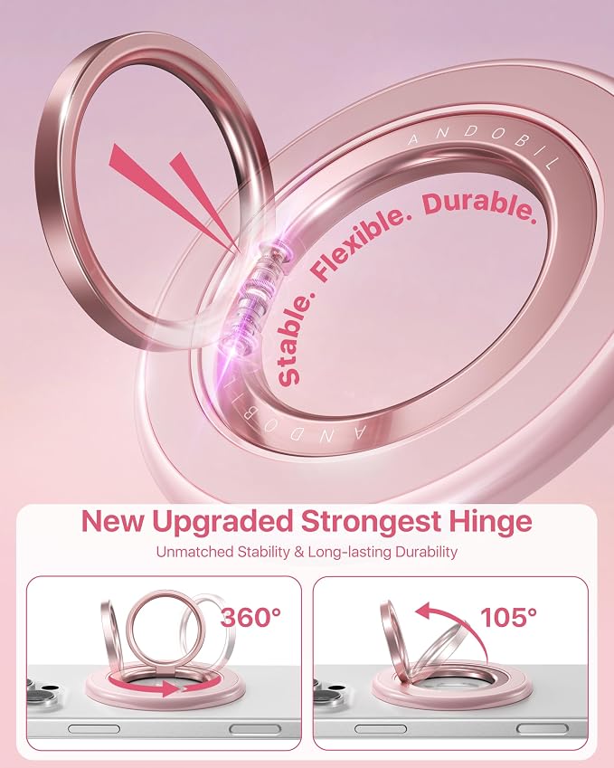 andobil [2026 3rd Gen] Magnetic Phone Grip for MagSafe [360° Rotatable & Ultra-Stable] Two-Sided Magnet Cell Phone Ring Holder Compatible with MagSafe Accessories, iPhone 17 Air 16 15 14 Pro Max, Pink