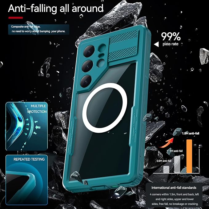 Guppy for Galaxy S25 Ultra Magnetic Waterproof Case, Built-in Screen Protector [IP68 Waterproof][14FT Military Drop Proof] 360° Full Body Protection Dustproof Shockproof Heavy Duty Rugged Case, Cyan