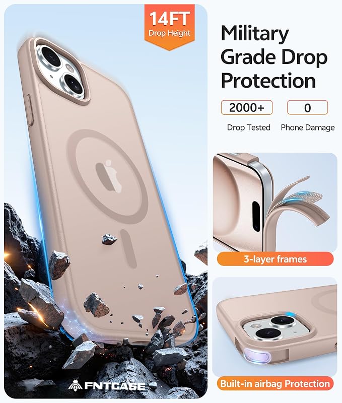 FNTCASE for iPhone 15 Case: for iPhone 14 Case & iPhone 13 Case [Compatible with Magsafe] Translucent Matte Cases with [Screen Protector] Military Grade Shockproof Protective Phone Cover - Desert Gold