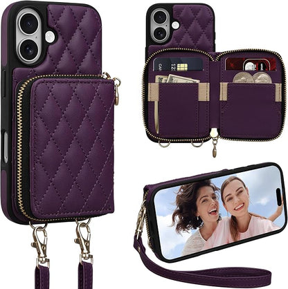 Keallce Case for iPhone 17 6.3'' Wallet Case, Crossbody Zipper Purse with Wrist Strap Lanyard Handbag, RFID Blocking Card Holders, Kickstand Flip Leather Cover for iPhone 17, Darkpurple