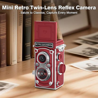 Mini Retro TLR Digital Camera, Portable 24MP 1080P FHD Vintage Point and Shoot Pocket Travel Camera with Twin Lens, Autofocus, 16X Digital Zoom, 16GB Card, for Beginners, Teens & Adults - Red