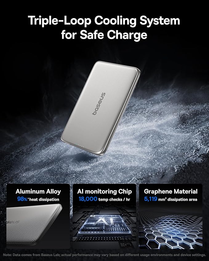 Baseus Picogo Power Bank, 0.3" Ultra Slim 5000mAh MagSafe Battery Pack, Update Polished Alloy Magnetic Portable Charger, Wireless Charger with USB-C Cable for iPhone 17 Pro Max/17 Air/16/15/14/13/12