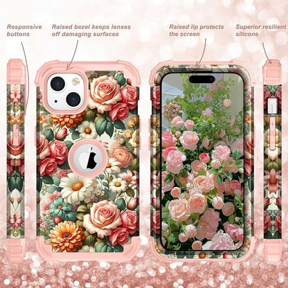 Hocase for iPhone 15 Case, Heavy Duty Shockproof Protection Soft Silicone Rubber Bumper+Hard Plastic Hybrid Protective Case for iPhone 15 (6.1" Display) 2023 - Flower Garden
