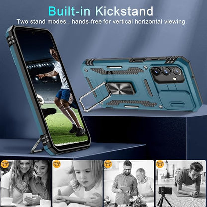 DEERLAMN Case for Samsung Galaxy A15 5G with Slide Camera Cover+Screen Protector (1 Pack), Rotated Ring Kickstand Military Grade Shockproof Protective Cover-Light Blue