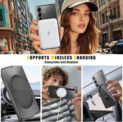 Magnetic Case for Samsung Galaxy S24 Case Stand & Ring Holder Compatible with MagSafe Built-in Camera Lens Protector Shockproof Phone Case for Samsung S24 - Black