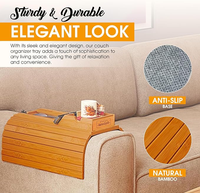Couch Cup Holder Tray with 2 Cork Coasters, Couch Caddy, Anti-Slip Foldable Armrest Sofa Tray, Couch Armrest Table, Anti-Spill Holder for Remote, Snacks, Cellphone - Ideal Gift (Mahogany)
