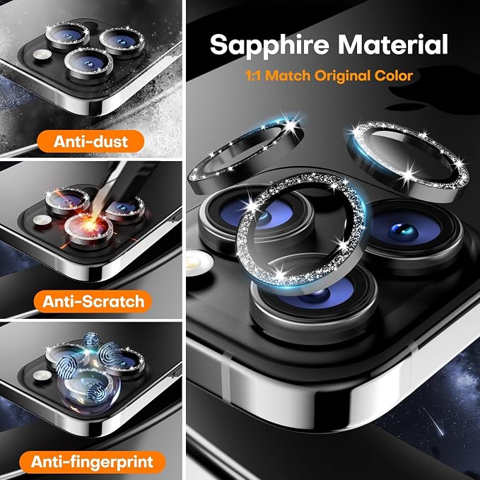 Camera Lens Protector for iPhone 17 Pro Max/17 Pro/16 Pro Max/16 Pro/15 Pro Max/15 Pro/14 Pro Max/14 Pro,Tempered Glass Metal Individual Camera Cover[Anti-drop] Case Friendly- Glitter Black