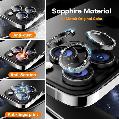 Camera Lens Protector for iPhone 17 Pro Max/17 Pro/16 Pro Max/16 Pro/15 Pro Max/15 Pro/14 Pro Max/14 Pro,Tempered Glass Metal Individual Camera Cover[Anti-drop] Case Friendly- Glitter Black