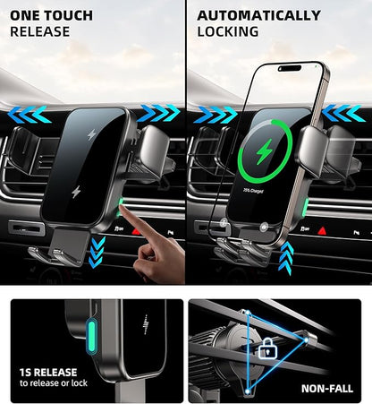 Dual Coil 15W Cup Phone Holder Mount,Wireless Car Charger Auto-Clamping Fast Charging Vent Phone Holders for Your Car for iPhone 17/16/15,Samsung Flip S25 S24 S23 S22 Ultra