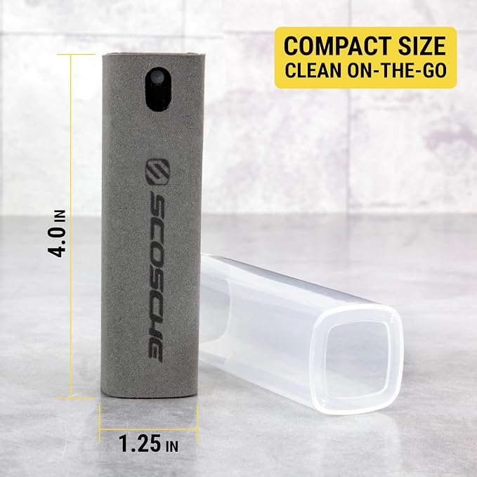 Scosche 2-in-1 Electronic Cleaner Spray with Microfiber Cloth for Electronics, Streak-Free Cleaning for TV, Computer, Phone, iPhone, Laptop, MacBook, Car Screen, 20ml Small Spray Bottle, Gray