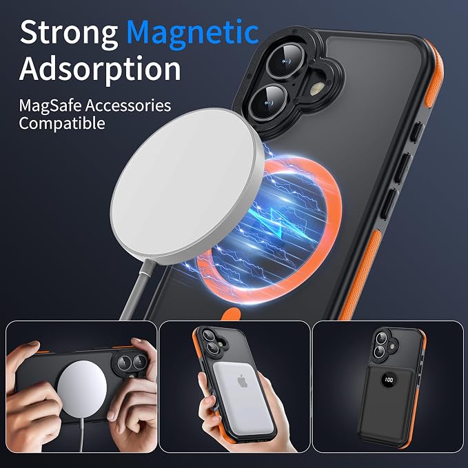Strong Magnetic for iPhone 16 Plus case [10Ft Military-Grade Protection] Compatible with fit MagSafe Shockproof Slim Thin Cover 6.7 inch 16 Plus Phone case, Orange Bumper