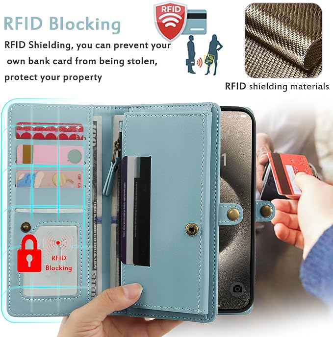 for Wallet Case Compatible with iPhone 15 Pro Max,Multi-Function Detachable 2 in 1 Magnetic iPhone 15 Pro Max Case Wallet,Flip Strap Zipper Card Holder Phone Case with Shoulder Straps (Blue)