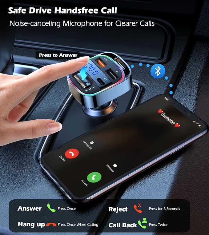 LIHAN Bluetooth 5.4 Car Adapter for Older Cars, 54W PD Fast Charging FM Transmitter, Handsfree Call, Crystal Clear GPS & Music Receiver, Supports USB Drive .wav .flac, Compatible with iPhone & Trucks