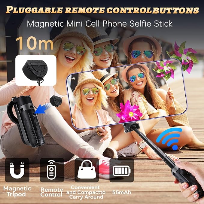 Magnetic Selfie Stick Tripod with 2 Selfie Light, Phone Tripod, Portable Pocket Size Selfie Stick with Rechargeable Remote and Metal Ring, Compatible with iPhone/Android for Photo/Video