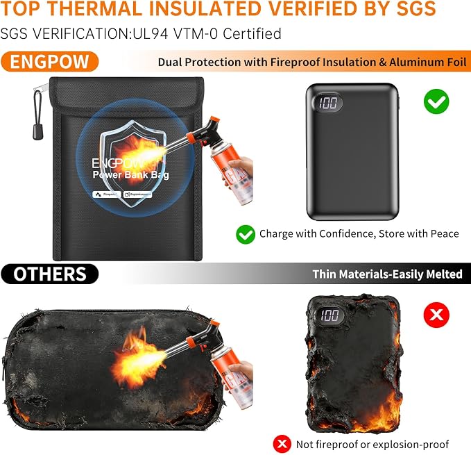ENGPOW Fireproof Organizer Travel Bag, Heat Insulated＆Explosion-Proof Electronic Carry Case, Portable Home Travel Safe Storage for Power Bank,Phone,Cables,USB Drive and Charging Protection, 9''x7''