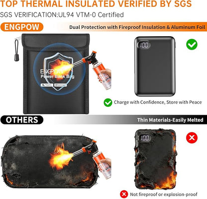 ENGPOW Fireproof Organizer Travel Bag, Heat Insulated＆Explosion-Proof Electronic Carry Case, Portable Home Travel Safe Storage for Power Bank,Phone,Cables,USB Drive and Charging Protection, 9''x7''