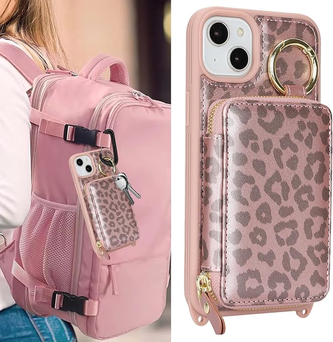 Crossbody Wallet Case for iPhone 14 Plus, PU Leather Zipper Handbag Purse Flip Cover, Kickstand Folio Case with Card Slots Holder Wrist Strap Lanyard 5G 6.7 Inch-Pink Leopard