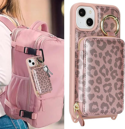 Crossbody Wallet Case for iPhone 14 Plus, PU Leather Zipper Handbag Purse Flip Cover, Kickstand Folio Case with Card Slots Holder Wrist Strap Lanyard 5G 6.7 Inch-Pink Leopard