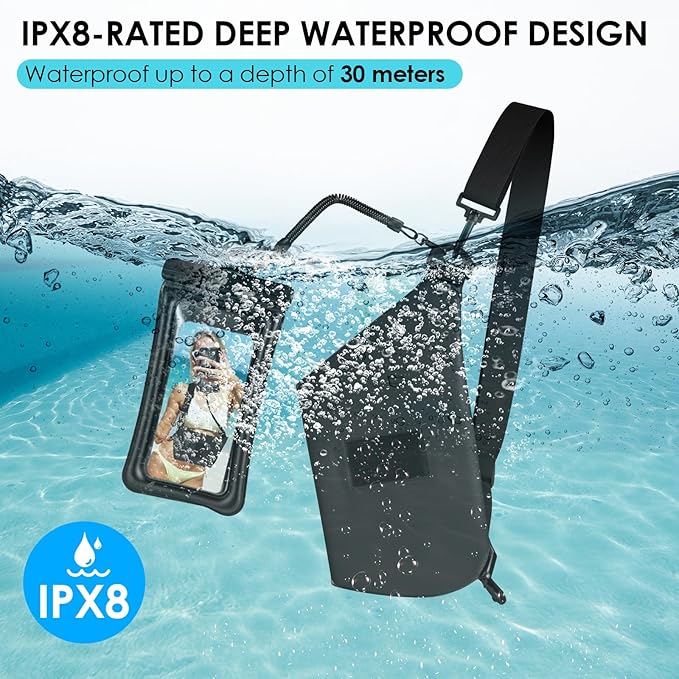 Waterproof Phone Pouch 8.3" & Fanny Pack, Waterproof Phone Case Detachable Lanyard Spring Rope for iPhone 16 15 14 13 Pro Max, IPX8 Cellphone Dry Bag Beach Cruise Ship Essentials Black
