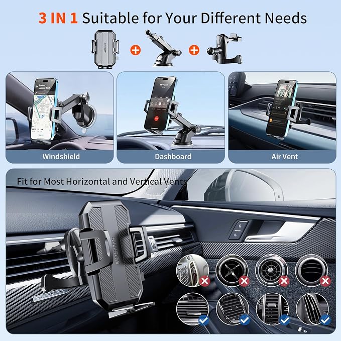 Upgraded 3-in-1 Car Phone Holder Mount [Powerful Suction] Phone Mount for Car Dashboard Air Vent Windshield,for All iPhone Android Phone, Dark Black