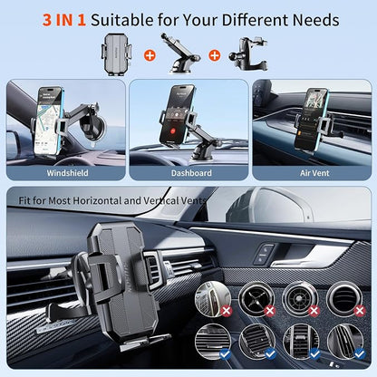 Upgraded 3-in-1 Car Phone Holder Mount [Powerful Suction] Phone Mount for Car Dashboard Air Vent Windshield,for All iPhone Android Phone (Black)