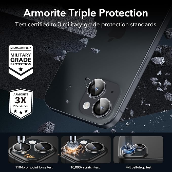 ESR 2 Pack Camera Lens Protector for iPhone 15/15 Plus/14/14 Plus, Ultra-tough HD Individual Lens Protectors, Scratch Resistant, Ultra-thin Tempered Glass, Armorite Series, Clear