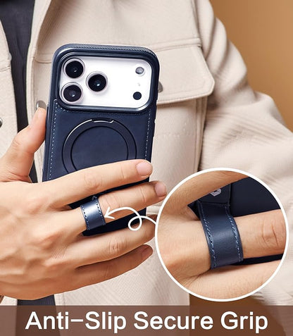 for iPhone 17 Pro Leather Case with Stand, Anti-Slip Grip Ring, Fits for MagSafe (Blue, iPhone 17 Pro)