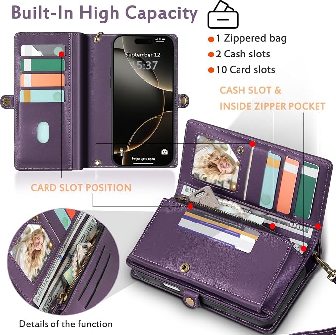 for Wallet Case Compatible with iPhone 16 Pro,Multi-Function Detachable 2 in 1 Magnetic iPhone 16 Pro Case Wallet,Flip Strap Zipper Card Holder Phone Case with Shoulder Straps (Pruple)