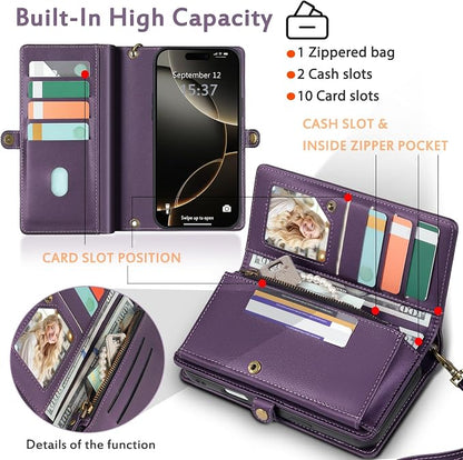 for Wallet Case Compatible with iPhone 16 Pro,Multi-Function Detachable 2 in 1 Magnetic iPhone 16 Pro Case Wallet,Flip Strap Zipper Card Holder Phone Case with Shoulder Straps (Pruple)