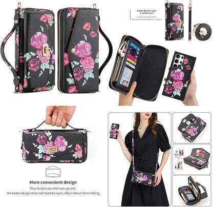 LITOU Compatible for Samsung Galaxy S26 Plus Crossbody Phone Case,Detachable Magnetic,Card Holder,Zipper Leather Wallet Wrist Lanyard Strap Case for Women Men.BlackFlower
