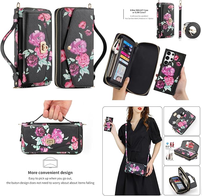 LITOU Compatible for Samsung Galaxy S26 Crossbody Phone Case,Detachable Magnetic,Card Holder,Zipper Leather Wallet Wrist Lanyard Strap Case for Women Men.BlackFlower