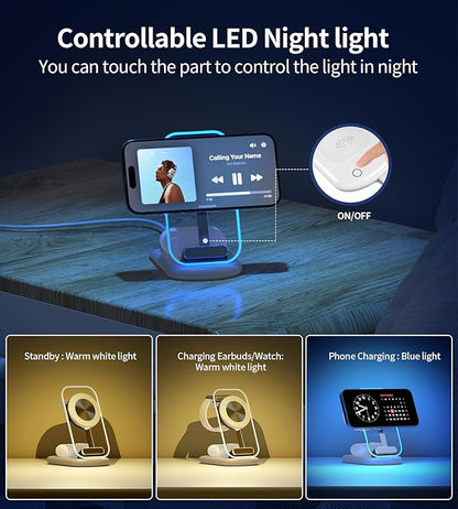 3 in 1 Magnetic Wireless Charging Station for Apple Devices, Fast Foldable Travel Mag-Safe Charger Stand with Night Light for iPhone 17 16 15 14 13 12 Series, Apple Watch/AirPods Pro-Gift for Lovers