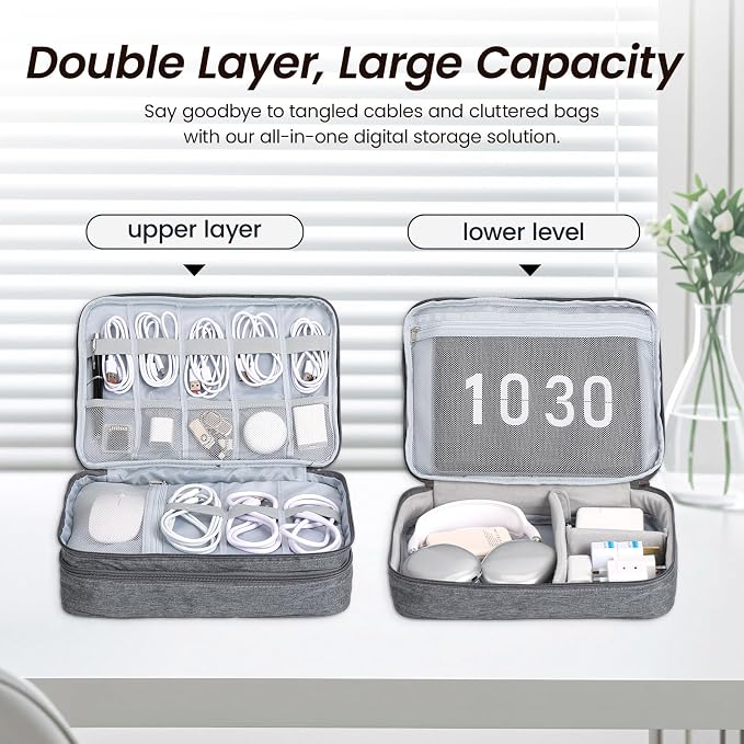 Large Electronic Organizer Travel Case, Double Layer Tech Pouch with Adjustable Dividers, Cable Organizer Bag for Charger, Power Bank, Hard Drive, Camera Gear and Travel Accessories