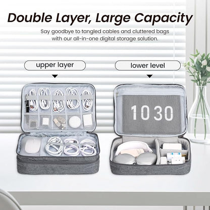 Large Electronic Organizer Travel Case, Double Layer Tech Pouch with Adjustable Dividers, Cable Organizer Bag for Charger, Power Bank, Hard Drive, Camera Gear and Travel Accessories