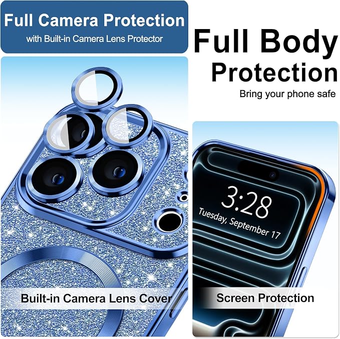 Hython for iPhone 17 Pro Case Glitter Clear Magnetic Phone Cases [Compatible with MagSafe] Full Camera Lens Protector Sparkle Luxury Plating Slim Shockproof Protective Cover Women, Deep Blue