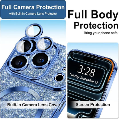 Hython for iPhone 17 Pro Case Glitter Clear Magnetic Phone Cases [Compatible with MagSafe] Full Camera Lens Protector Sparkle Luxury Plating Slim Shockproof Protective Cover Women, Deep Blue