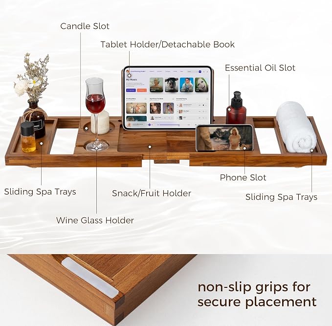 Fun Memories Teak Bathtub Tray for Tub – Adjustable Solid Wood Bath Caddy with Wine Glass Holder, Phone Dock & Book Stand – Bath Tub Tray Wood – Light Walnut Finish