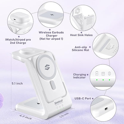 3 in 1 Wireless Charging Station: 10000mAh Removable Power Bank Charger Stand for Phone/Watch/Air Pods - Portable Magnetic Battery Pack for Air 17 16 15 14 13 12 Series White