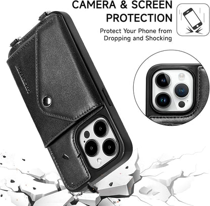 LUCKYCOIN for iPhone 15 Pro Crossbody Wallet Case – Genuine Leather Phone Purse with Adjustable Strap and Card Holder,Lanyard Phone Purse Case for Women,Vintage Black